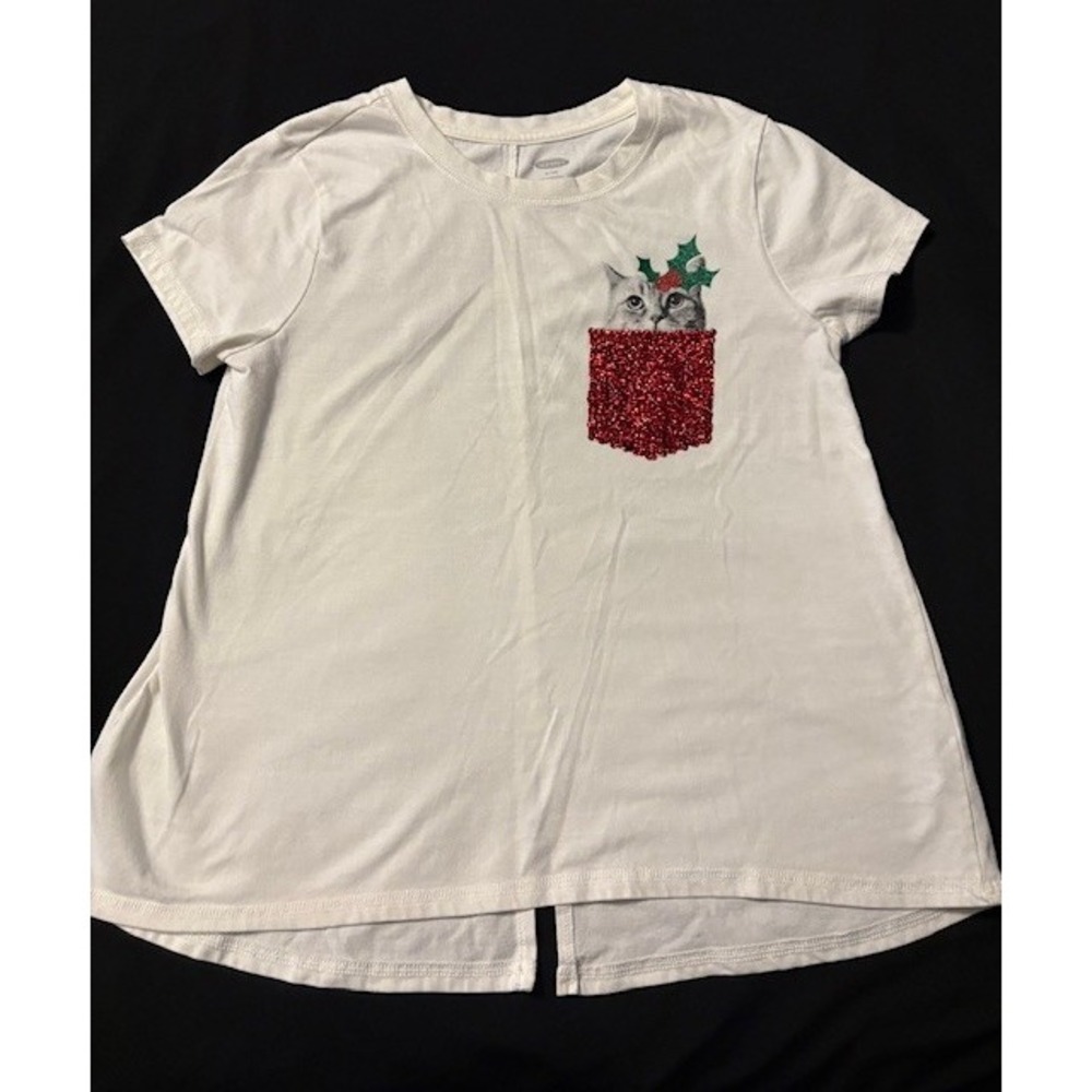 Old Navy Christmas cat pocket tee, girls size XL (14)